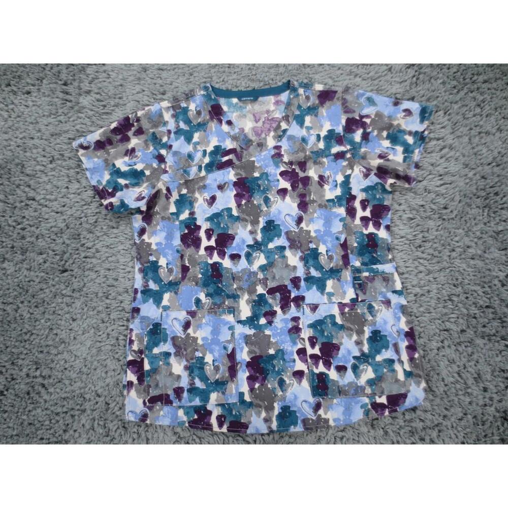 Carhartt Scrub Top Womens Large Blue Heart Floral Print Force Cross Flex C12214